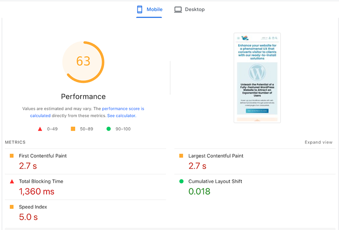 Homepage Performance Before Redevelopment - Mobile