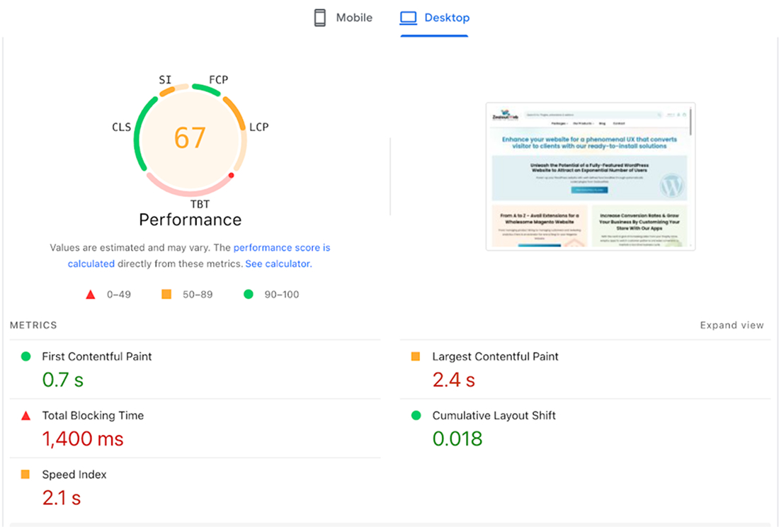 Homepage Performance Before Redevelopment - Desktop